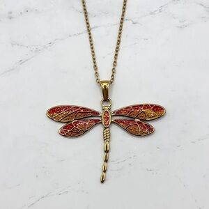 Gold Dragonfly Pendant Necklace with Red and Orange Enamel